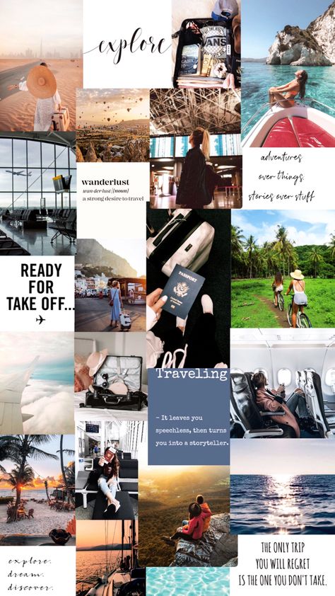 Travel Lover Wallpaper, Trip Collage Ideas, Travel Moodboard Collage, Travel Aesthetic Pictures For Wall Collage, Vacation Collage Ideas, Travel Vision Board Quotes, Travel Pics For Vision Board, World Traveler Aesthetic, Travel Collage Aesthetic