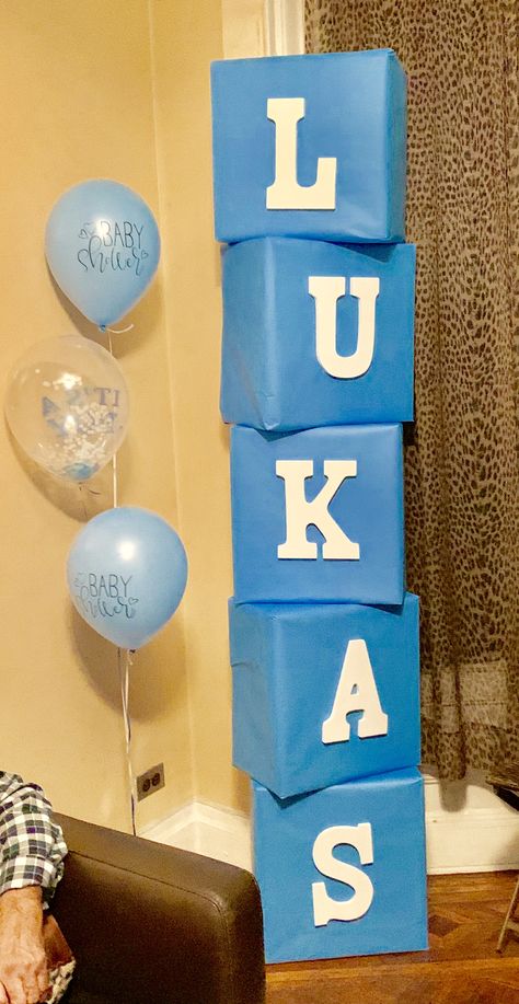 Heaven Sent Boy Baby Shower Theme (blocks with the name) Manualidades Para Baby Shower Ideas, Baby Shower Nene, Diy Baby Shower Decorations Boy, Ideas Para Baby Shower, Diy Baby Shower Decorations, Simple Birthday Decorations, Welcome Home Baby, Birthday Party Decorations Diy, Unisex Baby Shower