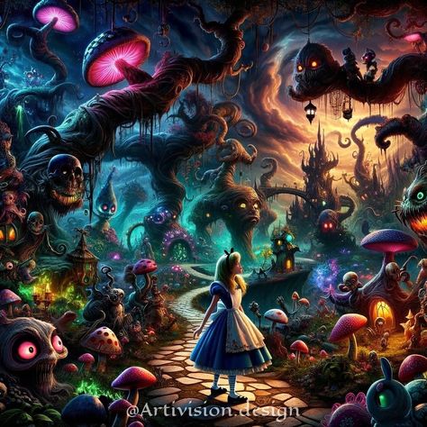 🌙✨ Welcome to Wicked Wonderland! ✨🌙 Step into a twisted, sinister version of Wonderland, where eerie landscapes and captivating colors collide. Join Alice as she navigates through enchanted, haunted forests filled with glowing mushrooms, menacing creatures, and surreal pathways. Let your imagination run wild in this enchanting yet terrifying world. Swipe to explore more of this mesmerizing realm! 🌑🔮 #WickedWonderland #DarkArt #TwistedTales #CreepyCreatures #AliceInWonderland #SurrealArt #H... Alice In Wonderland Artwork Trippy, Alice In Wonderland Landscape, Alice In Wonderland Horror, Alice Halloween, Alice In The Wonderland, Alice In Wonderland Artwork, Glowing Mushrooms, Wonderland Artwork, Haunted Forest