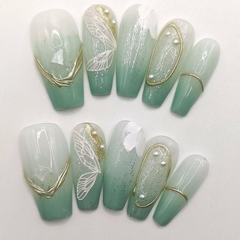 Nail Ideas Solid Colors, Fantasy Nails Designs, Tiana Nails, Dark Green Nail Art, Press On Nails Aesthetic, Ongles Rose Pastel, Fantasy Nail Art, Fantasy Inspo, Random Products