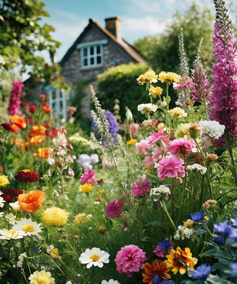 A vibrant cottage garden filled with a variety of colorful flowers in front of a quaint stone house, showcasing the beauty of lush garden blooms. Landscape Design Cottage, Cottage With Flower Garden, Cottage Garden Walkway, Garden Full Of Flowers Aesthetic, Cottage Garden Photos, Wild Flower Front Garden, Wildflowers In Garden, Natural Flower Garden, Small Wild Garden Ideas