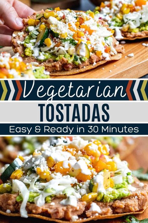 Healthy Vegetarian Dinner Recipes For Family, Vegetarian Tostadas Recipes, Healthy Tostadas Clean Eating, Healthy Dinner Meatless, Nice Vegetarian Dinner, Vegetarian Dishes Breakfast, Vegetarian Recipes Family, Refried Beans Recipe Meals Healthy, Meatless Mexican Meals