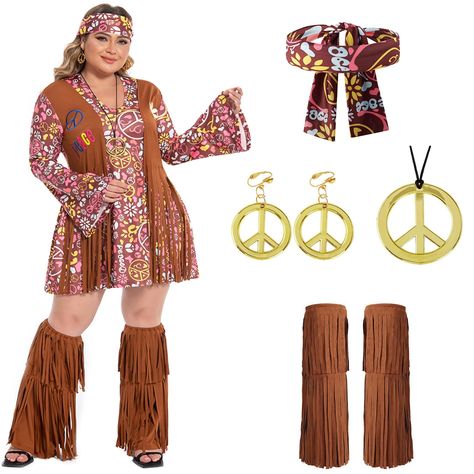 PRICES MAY VARY. Package Contents: This hippie costume set includes flower dress, flower headband, earrings, necklace and ankle socks with tassels. Embrace the essence of retro style with our 70s outfits for women. Nice Hippie Accessories Set: Our headband offers a nice fit, while the sturdy necklace and earrings showcase a charming peace design. The clip on earrings feature adjustable metal clasps, which you can easily adjust by hand to fit well against your ears, ensuring enhanced comfort and Plus Size Disco Outfit Ideas, Decades Day Outfits 70s, 70s Costume Ideas For Women, Hippie 60s Outfits, Plus Size 70s Outfits, Hippie Costume Ideas, 70s Theme Party Outfit, Women's 70s Outfits, 70s Costumes