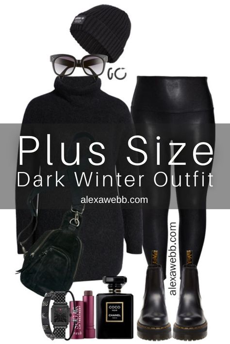 Plus Size Leather Leggings Outfit Night, Black Faux Leather Pants Outfit Plus Size, Chicago Winter Outfits Plus Size, Plus Size Tights Outfit Leggings, Fall Winter Outfits Plus Size Casual, All Black Outfits With Boots, Plus Size Vegas Outfits Winter, Plus Fall Outfits Plus Size, Plus Size Chelsea Boots Outfit