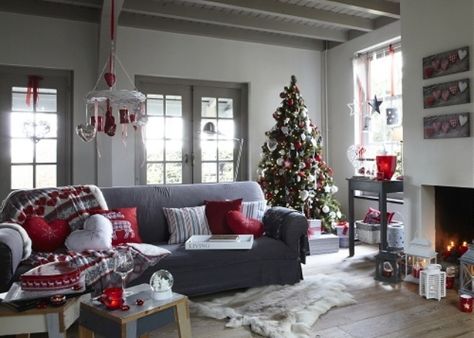 Christmas Living Room Decor | christmas decoration ideas christmas decorations christmas home decor ... Grey And Red Living Room, Grey Christmas Decor, Winter Living Room, Furnitur Ruang Keluarga, Latest Sofa Designs, Grey Christmas, Beautiful Christmas Decorations, Corner Sofa Set, Living Room Red