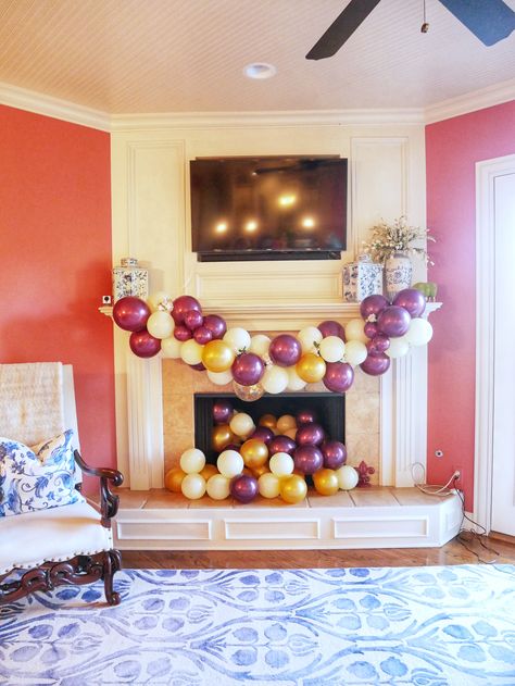 Balloons Around Fireplace, Fireplace Birthday Party Decor, Fireplace Balloon Arch, Fireplace Birthday Decor, Balloon Garland Over Fireplace, Fireplace Party Decor, Balloon Garland On Fireplace, Balloon Garland Fireplace, Birthday Fireplace Decor