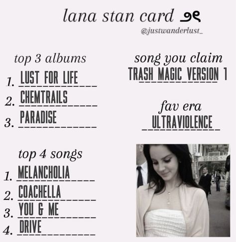 my lana del rey stan card ♥︎ i could have an entire list of favorites since she has over 600 songs 💀 chloe ୨୧ Best Songs List, List Of Favorites, Songs List, Lana Del Rey Songs, Lana Rey, Song Recommendations, Lust For Life, Song List, Coney Island