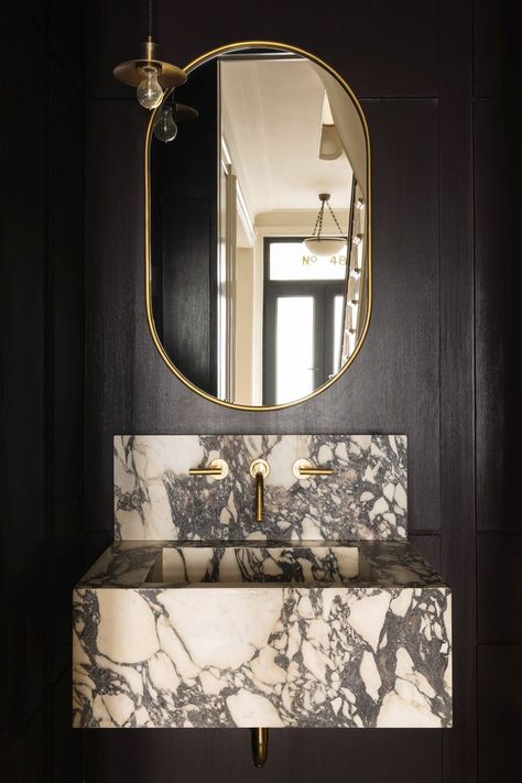 1880s townhouse near van vorst park in jersey city, new jersey, designed by elaine santos Beautiful Powder Rooms, Modern Powder Rooms, Modern Powder Room, Powder Room Decor, Powder Room Design, Bathroom Tile Designs, Tiny Space, Passive House, Powder Bath