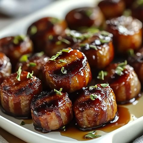 Maple-Glazed Bacon Sausage Bites Recipe Garlic Butter Sausage Bites, Recipes With Maple Sausage, Bacon Meatballs, Sausage Bites, Recipes Sausage, Bacon Appetizers, Bacon Sausage, Sausage Balls, Maple Bacon