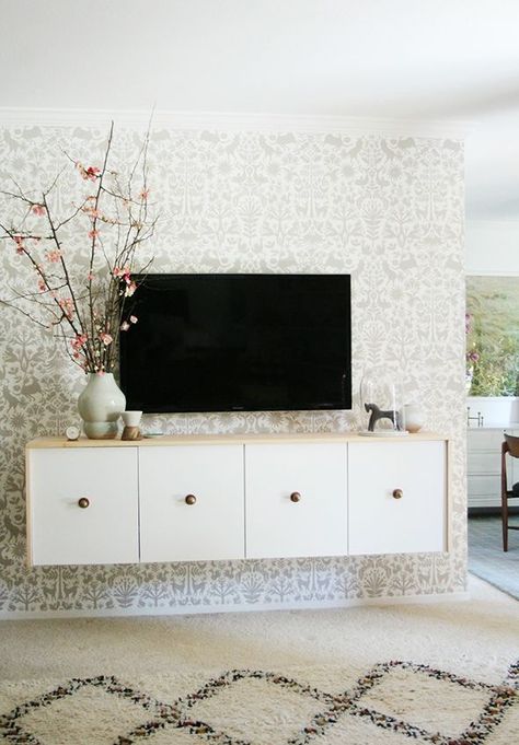 DIY Floating Credenza IKEA Hack Cabinet Beside Fireplace, Credenza Ikea, Beside Fireplace, Console Ikea, Floating Credenza, Ikea Hack Living Room, Floating Media Console, Floating Console, Cabinet Ikea