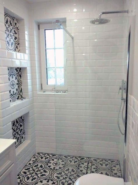 Bathroom Shower Step Ideas, Mosaic Tile Small Bathroom, Timeless Bathroom Shower Tile, White Beveled Subway Tile Shower Ideas, Fancy Tiles Interior Design, Bathroom Tile Ideas Shower Walk In Black And White, Walk In Shower Remodel Before And After, Shower Expansion Before And After, 48x48 Tile Shower Ideas