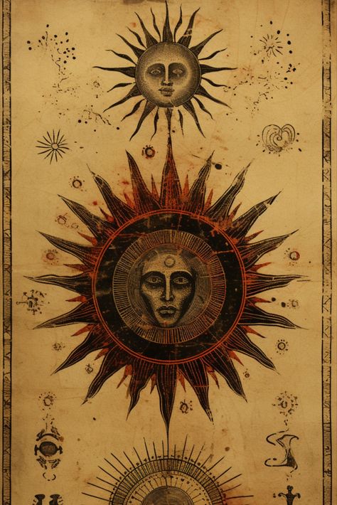 Sun depictions on old paper Printable Stationery, Junk Journal, Decks, Art Images, Witch, Unique Designs, Scrapbooking, Stationery, Clip Art