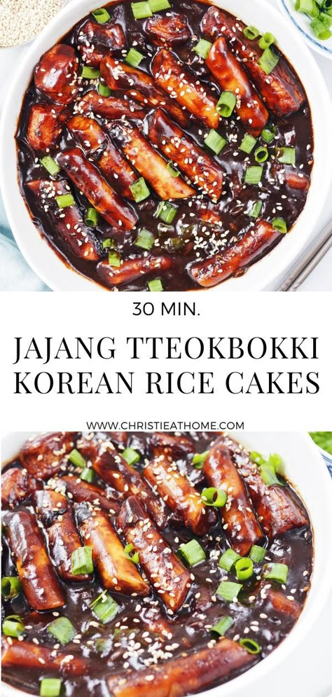 Jajang Tteokbokki. Korean rice cakes smothered in a roasted black bean onion sauce with bouncy fish cakes. The perfect snack or side dish. Ready in 30 minutes! #koreanrecipe #koreanfood #jajangtteokbokki #tteokbokki #ricecakes Sauce For Korean Rice Cakes, Sweet Tteokbokki Recipe, Black Bean Tteokbokki, Recipes For Rice Cakes, Recipes Using Korean Rice Cakes, Korean Rice Cake Sauce, Sliced Korean Rice Cakes, Vegan Korean Rice Cake Recipes, Rice Cake Recipes Asian