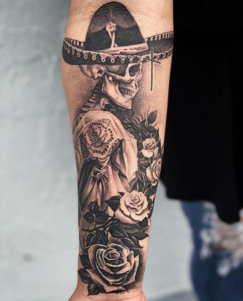 Mexican Arm Tattoo For Men, Mexico Related Tattoos, Skull Mariachi Tattoo, Mexican Tattoos Men, Mexican Tattoo Sleeve, Mexican Themed Tattoos, Charra Tattoos Mexican, Mexican Tattoos For Women, Mexican Inspired Tattoos For Women