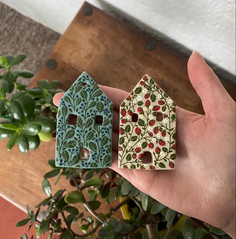 Hand painted clay house hanging ornaments Polymer Clay House Ornaments, Clay House Ornaments, Polymer Clay House, Clay House, Painted Clay, Wild Strawberry, Clay Houses, Wild Strawberries, Clay Ornaments