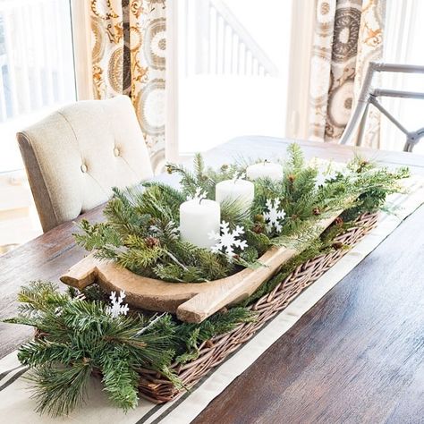 Easiest winter centerpiece ever - table runner, long basket, dough bowl, fake Christmas greenery, white candles and paper snowflake… Christmas Table Decorations Centerpiece, Farmhouse Winter Decor, Dough Bowl Centerpiece, Winter Centerpiece, Winter Centerpieces, Winter Table, Christmas Greenery, Dough Bowl, Winter Home Decor