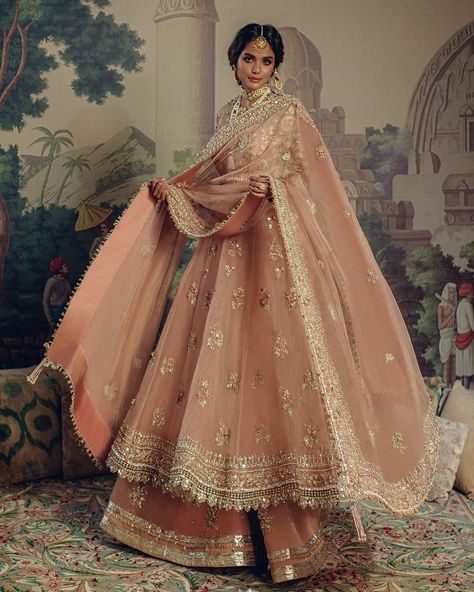 In an elegant ode to tradition, a beautifully crafted pishwas, rendered in soft coral, is intricately embellished with gold florals in… | Instagram Indian Bridal Gown, Pengantin India, Desi Wedding Dresses, Pakistani Wedding Outfits, Net Dress, Pakistani Fancy Dresses, Pakistani Fashion Party Wear, Beautiful Pakistani Dresses, Indian Dresses Traditional