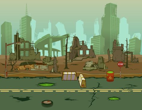 Zombie Apocalypse Illustration, Zombie Apocalypse Landscape, Apocalypse Building, Post Apocalypse Landscape, Cartoon Apocalypse, Apocalypse Background, Zombie City, Destroyed City, Apocalypse Illustration