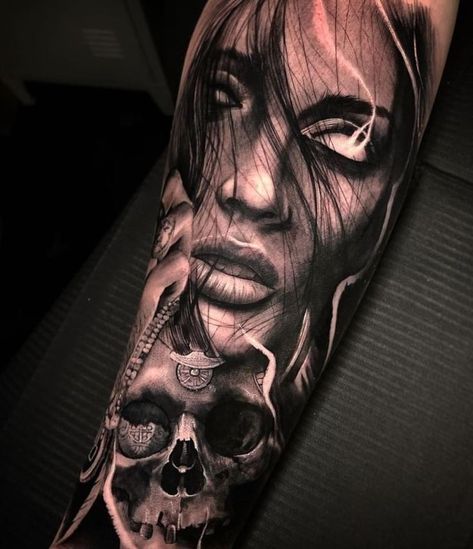 Tattoos Of Womens Face, Forearm Tattoo Of Woman Face, Horror Woman Tattoo, Hope Tattoo Ideas For Men, Womans Face Tattoo, Dark Sleeve Tattoos For Women, Women Face Tattoo, Good Vs Evil Tattoo, Best Sleeve Tattoos Men