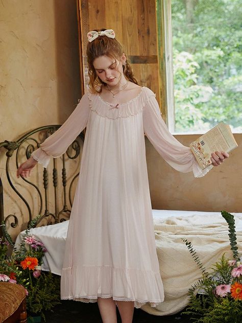 Design Highlights The retro palace princess style nightgown is designed with mesh fabric covering it and looks very romantic and mysterious. The details include ruffled edge design, bow design and exquisite small embroidery, which enhance the femininity and fashion sense of the nightgown. The fabric is made of double-l 1800 Nightgown, Victorian Nightgown Aesthetic, White Vintage Nightgown, Victorian Nightgown Romantic, 30s Nightgown, Cottagecore Nightgown, Old Fashioned Nightgown, Nightgown Romantic, Sleep Dresses