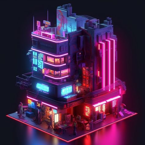 Prompt: cyberpunk, voxel buildings, lofi, neon lighting, neon, rgb led --q 2 --s 750 --v 5.1 #AIArt #midjourney #PromptPal Voxel Art Cyberpunk, Cyberpunk Bloxburg House, Cyberpunk Apartment Exterior, Cyberpunk Building Art, Cyberpunk House Concept Art, Neon City Minecraft, Game Building Design, Sci Fi House Exterior, Cyberpunk House Exterior