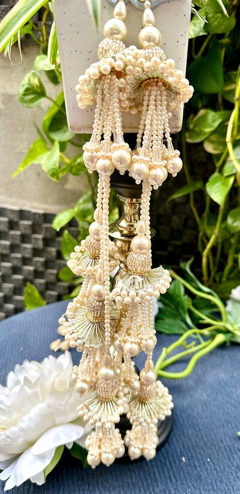 Silver Gota & Pearl Crystal Cut Dana Multi-String Hanging Latkan - 1 Pair ✨ Add a touch of elegance to your bridal attire with our silver gota and pearl crystal cut dana latkans. Featuring a multi-string design, these hanging tassels are perfect for enhancing lehengas, dupattas, blouses, and waist belts 💍🌟. Materials: Silver Gota 🌟 Pearl Crystals 💎 Cut Dana ✨ Multi-String Design 🎀 Uses: Bridal Lehenga: Ideal for adding intricate and sophisticated details to lehengas. Dupatta Embellishment: Perfect for decorating dupattas with a luxurious finish 🪡. Blouses & Waist Belts: Enhances blouses and waist belts with traditional charm. DIY Projects: Versatile for various crafting and embellishment projects 🎨. Sold by the pair, these high-quality latkans are designed to elevate your outfits an Bridal Blouse Latkan Designs, Blouse Latkan, Bridal Indian, Indian Bride Outfits, Pearl Crystal, Bride Clothes, Silver Crystal, Bridal Lehenga, Bead Weaving