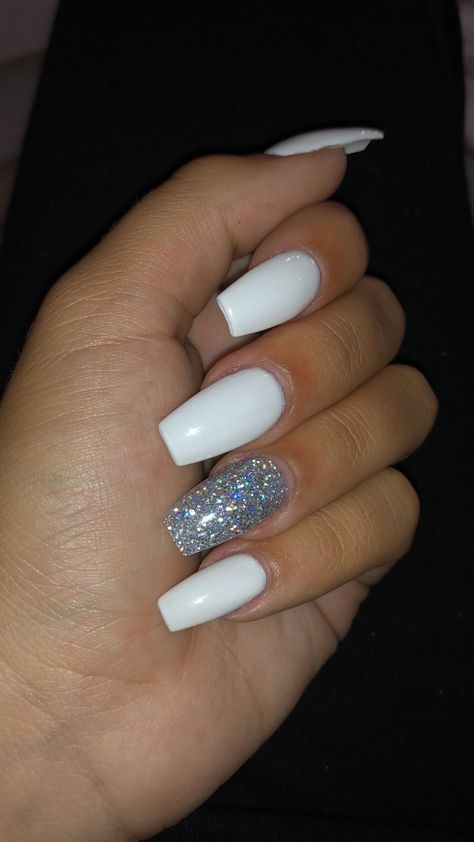 White Acrylic Nails With Glitter, One Glitter Nails, Glitter Accent Nails, Glitter Nails Acrylic, White And Silver Nails, White Glitter Nails, Easy Nails, White Acrylic Nails, Long Acrylic Nails Coffin