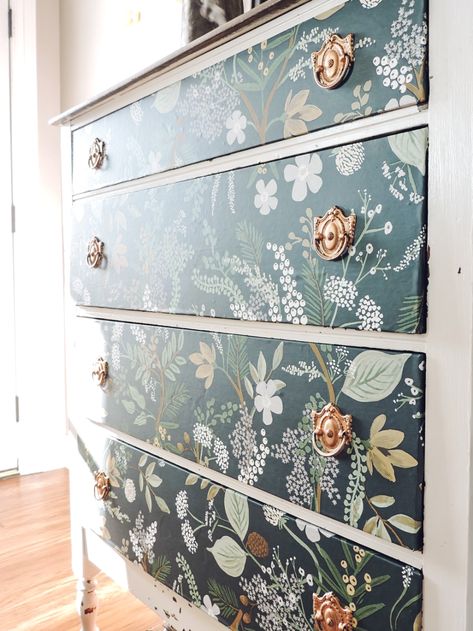 Diy Upcycling Dresser, Wall Papered Dresser Drawers, Green Dresser With Wallpaper, Diy Dresser Storage Ideas, Removable Wallpaper Dresser, Fabric Over Dresser, Painted Furniture With Wallpaper, Diy Dresser Makeover Wallpaper, Walpaper Dresser