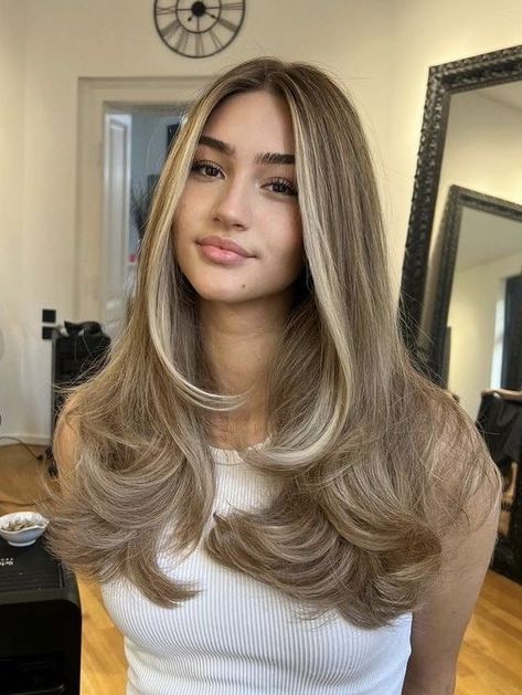 Glow Up Hair Tips, Brunette With Blonde Hair, Cool Blonde Highlights On Dark Hair, Full Head Highlights Dark Hair, Honey Blonde Balayage On Black Hair, Honey Brown With Highlights, Dark Blonde Hair With Blonde Highlights, Super Light Brown Hair, Teddy Bear Brunette Hair