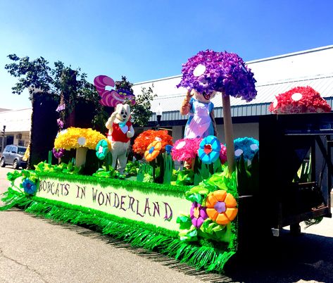 Homecoming Float : Alice In Wonderland Theme : Bobcats Alice In Wonderland Parade Float Ideas, Flower Float Parade, Fairytale Homecoming Float, Parade Theme Ideas, Fairytale Parade Float Ideas, Float Ideas For Parade Homecoming, Alice In Wonderland Homecoming Float, Alice In Wonderland Golf Cart, Alice In Wonderland Float Ideas