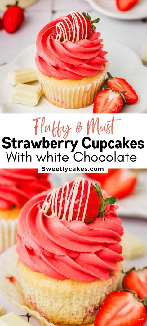 White Chocolate Strawberry Cupcakes, Cupcake Hacks, Whipped Ganache Frosting, Strawberry Ganache, Chocolate Strawberry Cupcakes, Vanilla Ganache, Moist Vanilla Cupcakes, Chocolate Raspberry Cupcakes, Chocolate Swiss Meringue Buttercream