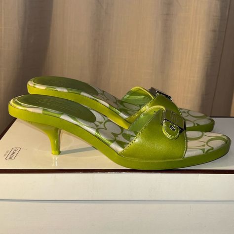 Good As Brand New! Vibrant Lime Green Genuine Calf Leather Kitten Heel Sandals. Measuring Just Over An Inch. Featuring A Buckle Clip With A Coach Metal Logo Placket And Branded Satin Lining. Fits True To Size. 2000s Kitten Heels, Green Heels Aesthetic, Green Kitten Heels, Kitten Heels Vintage, Vintage Kitten Heels, Sandals Aesthetic, Kitten Heels Outfit, Heels Vintage, Pretty Heels