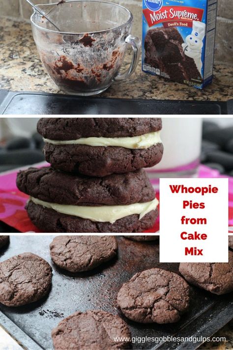 Easy, Homemade, Whoopie Pies from Cake Mix via Giggles, Gobbles and Gulps. These delicious, chocolate cakes are sandwiched between rich, buttercream frosting filling. Just like the Amish make - but make simpler. http://gigglesgobblesandgulps.com/whoopie-pies-from-cake-mix/ Devils Food Cake Whoopie Pies, Devils Food Cake Mix Whoopie Pies, Whoopie Pies From Box Cake Easy, Whoopie Pies With Cake Mix Simple, Chocolate Whoopie Pies From Box Cake, Box Cake Mix Whoopie Pies, Whoopie Pie Recipe Easy Cake Mixes, Whoopie Pies From Box Cake, Gobs Recipe