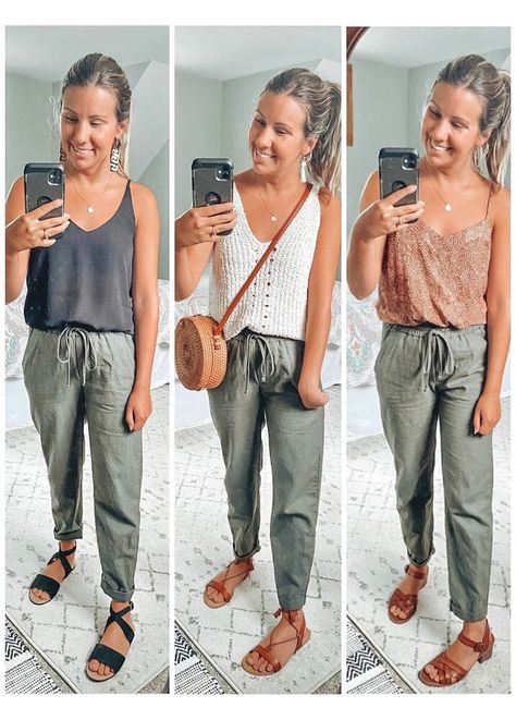 Warm Weather Outfits For Work, Linen Joggers Outfit, Green Joggers Outfit, Linen Pants Outfit Summer, Joggers Outfit Women, Linen Summer Outfits, Green Linen Pants, Green Pants Outfit, Drawstring Pants Outfit