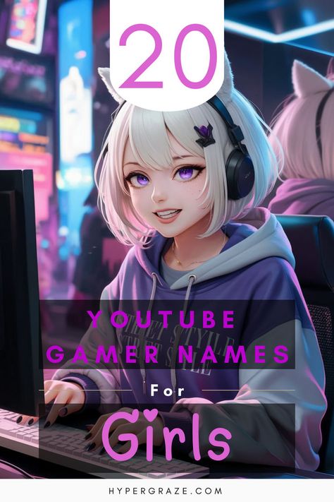 A girl gamer with white hair, wearing a headset and sitting at a computer, playing in a cozy gaming setup, highlighting 20+ adorable gaming channel names ideas for girls. Cute Youtube Channel Name Ideas, Unique Youtube Channel Names, Twitch Name Ideas, Gaming Channel Names Ideas, Gamer Names Ideas, Gamer Tag Names Ideas Girl, Xbox Gamertag Name Ideas, Gaming Channel Names, Youtube Name Ideas