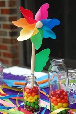 Rainbow party. Dollar store pinwheels in recycled bottles/jars... You could do dyed rice as the filler! Birthday Decorations Diy, Birthday Party Table Decorations, Colorful Decorations, Rainbow Unicorn Party, Rainbow Parties, My Little Pony Party, Rainbow Birthday Party, Birthday Party Tables, Burlap Bow