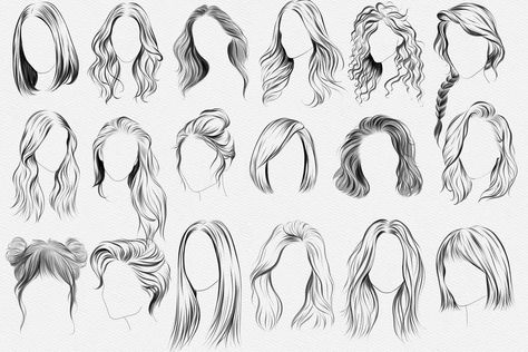 Front Hair Sketch, Drawing Hairstyles Ideas, Women Hair Reference Drawing, Front Hair Drawing, Hair Woman Drawing, Drawings Hairstyles, Long Hair Sketch, Hair Illustration Drawing, Hairstyles Sketches