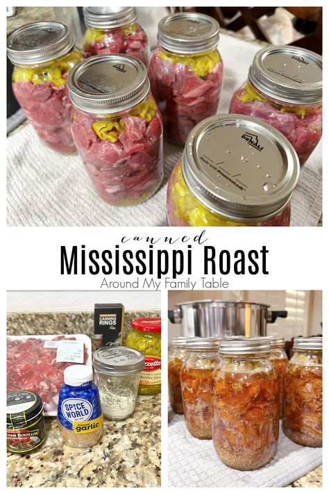 Mississippi Pot Roast is a beef roast cooked with pepperoncinis, ranch seasoning, and slow cooked in some sort of beef bouillon. My canned Mississippi Roast recipe is perfect for a quick and easy meal any night of the week. It's delicious and will quickly become a family favorite. via @slingmama Meal Prep Canning, Pressure Canning Beef Stroganoff, Canning Italian Beef, Living Traditions Homestead Recipes, Canned Meat Recipes Pressure Canning, Canning Pot Roast In A Jar, Canning Pot Roast, Home Canned Soup Recipes, Canning Mississippi Pot Roast