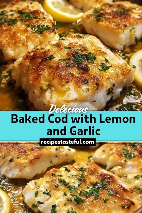 Baked Cod with Lemon and Garlic is a healthy, flavorful dish featuring tender cod fillets infused with the bright flavors of lemon and aromatic garlic. This quick and easy meal is perfect for any night of the week. Cod Fish Recipes Baked, Cod Recipes Healthy, How To Cook Cod, Cod Fillet Recipes, Lemon Baked Cod, Cod Dishes, Cod Fillets, Baked Cod Recipes, Cod Fish Recipes