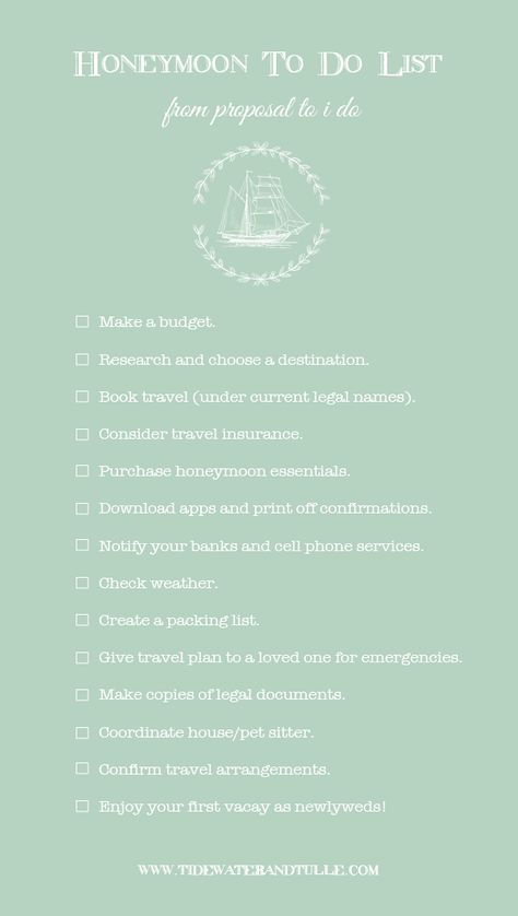 Plan and Organize a Honeymoon - To Do Checklist Honeymoon To Do List, Engagement Photos In Water, Honeymoon Planning Checklist, Sleepover Bachelorette, Wedding Party Green, Honeymoon Checklist, Wedding Video Songs, Gray Groomsmen, Expensive Wedding Gifts