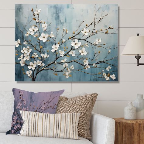 This beautiful "White Dogwood Blossom Escape II" Canvas Art is printed using the highest quality fade resistant ink on canvas. Every one of our Floral Wall art is printed on premium quality cotton canvas. Tree Branch Painting, Dogwood Branch, Dogwood Branches, Dogwood Blossoms, Blue Living Room, Learn Art, Living Room Grey, Picture Frame Wall, Ocean Inspiration