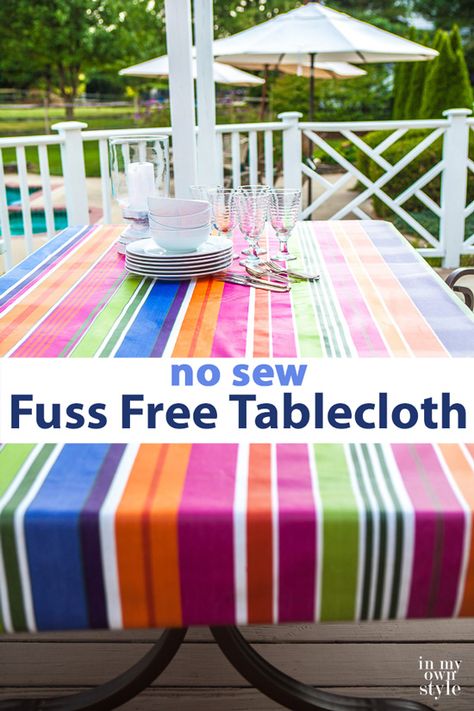 If you like to hear the words no-sew and easy to care for when it comes to tablecloths, check out the fabric I used. It comes in many different styles and colors. Fitted Tablecloth Diy, No Sew Tablecloth, Outdoor Table Cloth Ideas, Outdoor Tablecloth Ideas, Diy Table Cloth Tablecloths, Sew Tablecloth, Table Cover Diy, Picnic Themes, Table Cloth Ideas