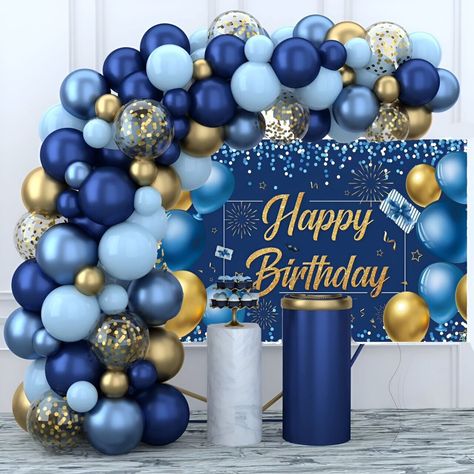 98 Blue Navy Gold Balloon Arch, Large Blue Gold Happy Birthday Backdrop Banner, Blue Birthday Balloons, Blue Baby Shower Balloons, Wedding Balloons, Engagement Balloons, Blue Birthday Photo Background Props, Photo Booth, Blue Birthday Decorations. Get ready to capture lasting memories with this stunning Happy Birthday Backdrop and Balloon Arch. Balloon Arch Contents - 98 pieces as shown in the picture. Backdrop Size - 180cm x 110cm. May vary slightly due to manual measurement. Colour may vary sl 40th Birthday Blue And Gold, Metallic Blue Balloon Garland, Male Birthday Backdrop Ideas, Blue Colour Birthday Decoration, Blue And Gold 50th Birthday Party, Royal Blue Backdrop Ideas, Blue Color Theme Party Ideas For Adults, Royal Blue Theme Birthday Party, Light Blue Birthday Decorations