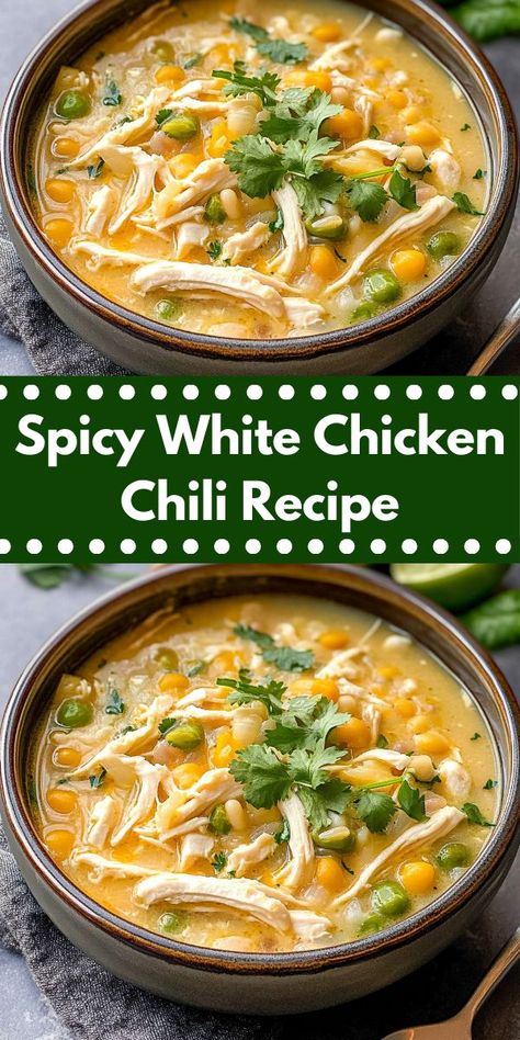 Craving white chicken chili? This Spicy White Chicken Chili recipe is easy and versatile. Perfect for white chicken chili slow cooker or instant pot, it's an ideal choice for chicken recipes healthy and satisfying. Spicy Chicken Chili Recipe, White Chicken Chili Instant Pot, Spicy White Chicken Chili, Chicken Chili Instant Pot, Chili With Chicken, White Chicken Chili Soup, Spicy Chicken Chili, White Chicken Chili Recipe Crockpot, White Chicken Chili Slow Cooker