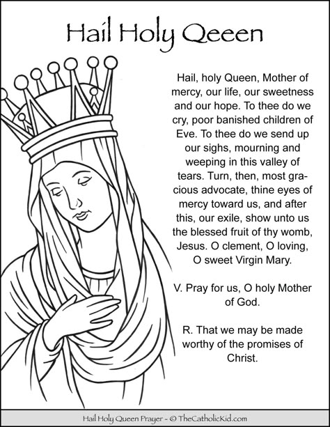 Hail Holy Queen Prayer Coloring Page - TheCatholicKid.com Hail Holy Queen Prayer, Mary Prayers, Praying The Rosary Catholic, Rosary Prayers Catholic, Prayers Catholic, Prayer Catholic, Hail Mary Prayer, Hail Holy Queen, Study Cards