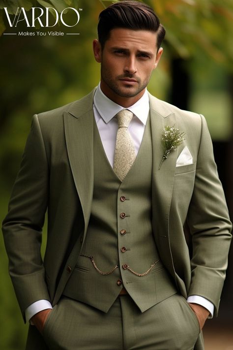 >>ORIGINAL ARTWORK AND CONTENT, PLEASE DO NOT COPY<< Men Suits, Suits For Man, Stylish Khaki Green Three Piece Suit for Men - Modern Slim Fit, Wedding, Formal Wear, Formal Attire for Men, Formal piece Wedding Suit, Double Breasted, Formal Fashion Slim Fit Suit. Description: Elevate your style with our Khaki Green Three Piece Suit for men, a versatile and sophisticated choice for various occasions. This modern slim-fit suit is expertly tailored to provide a sharp and polished look, making it perfect for weddings, formal events, or any special occasion. Crafted with the utmost precision, this suit boasts a comfortable and luxurious fabric blend that drapes elegantly. Its timeless khaki green hue adds a touch of individuality to your ensemble, ensuring you stand out in a sea of traditional op Sage Green Groomsmen Attire Groom & Groomsmen Suits, Eucalyptus Green Suit, Spring Wedding Groom Suit, Green Colorful Wedding, Mens Wedding Suits Green, Italian Groom Suit, Sage Suit Wedding, Olive Green Suit Men Wedding, Green Tie Outfit Men