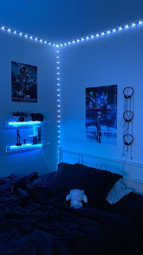 Aesthetic Blue Room Decor Ideas, Blue Room Aesthetic Dark, Blue Goth Bedroom, Cybergoth Bedroom, Blue Walls Aesthetic, Blue Room Ideas For Boys, Dark Cybercore Room, Eboy Room, Black And Blue Room Aesthetic