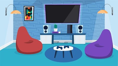 Concepto interior de sala de videojuegos... | Premium Vector #Freepik #vector #consola #juegos #joystick #fondo-juegos Monitor On Wall, Game Room Interior, Horizontal Background, Music Speakers, Logo Psd, Technology Icon, Video Game Room, Gaming Decor, Interior Concept