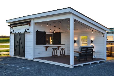 Sheds Turned Into Bars Backyards, Shed Bbq Area, Garden Around Shed Ideas, Lean To Bar Shed, Shed With Outdoor Seating, Shed Outdoor Living Space, Shed Building Ideas, Storage Room Outdoor, Shed With Bar Window