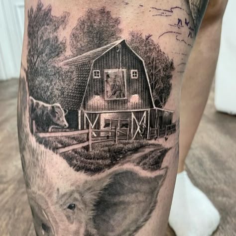 Farm Theme Tattoo Sleeve, Farm Life Tattoo Ideas, Farm Sleeve Tattoo, Farm Animal Tattoo, Farm Tattoo Ideas, Farming Tattoo, Tattoo Farm, Barn Tattoo, Beau Tattoo